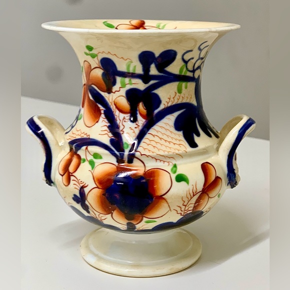 c. 1830 Vtg Gaudy Welsh Pansy Pattern Hand Painted Snake Head Handled Vase - Picture 2 of 16